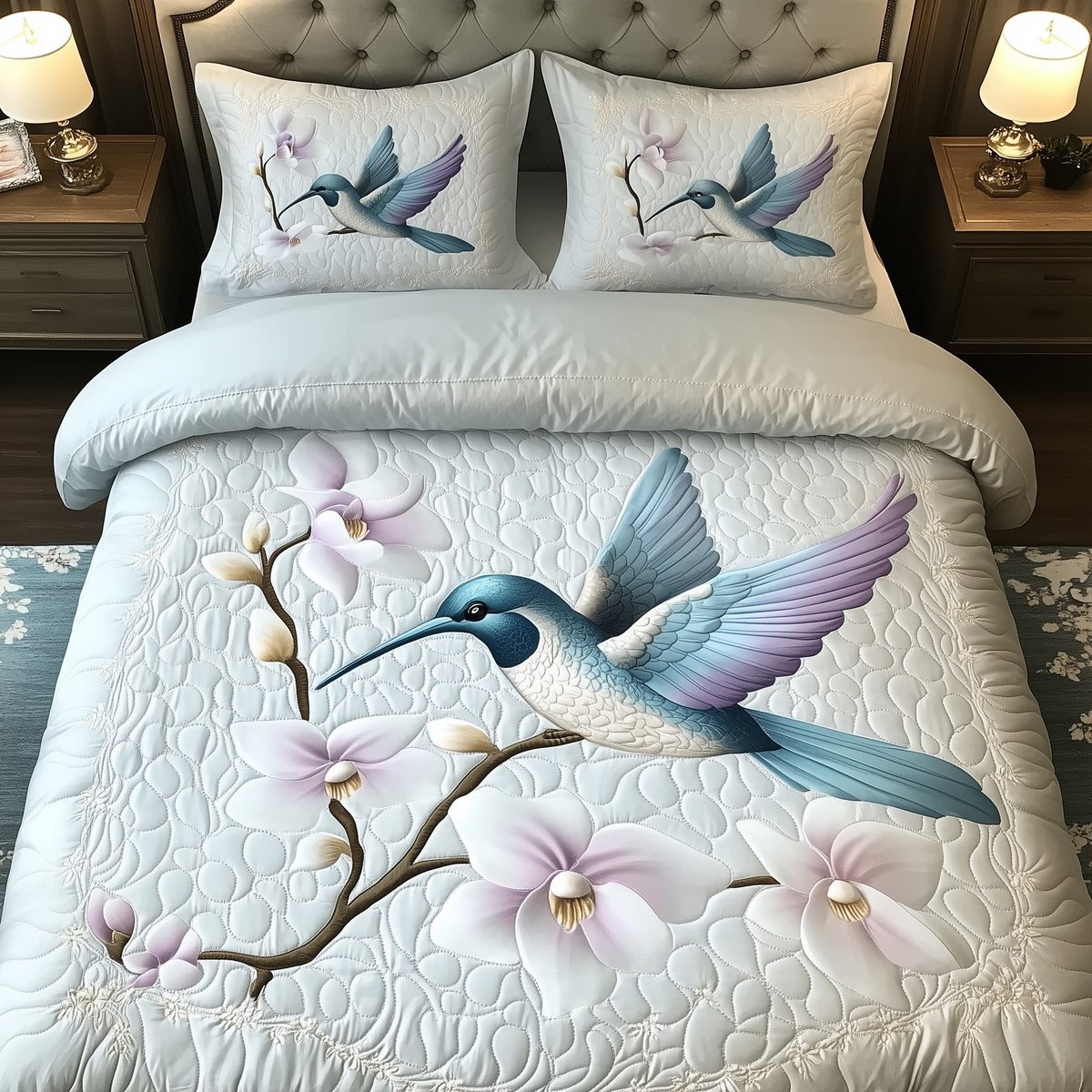 Wings of the Wild Bloom 3 Piece Quilted Bedding Set Gift For Bird Lovers