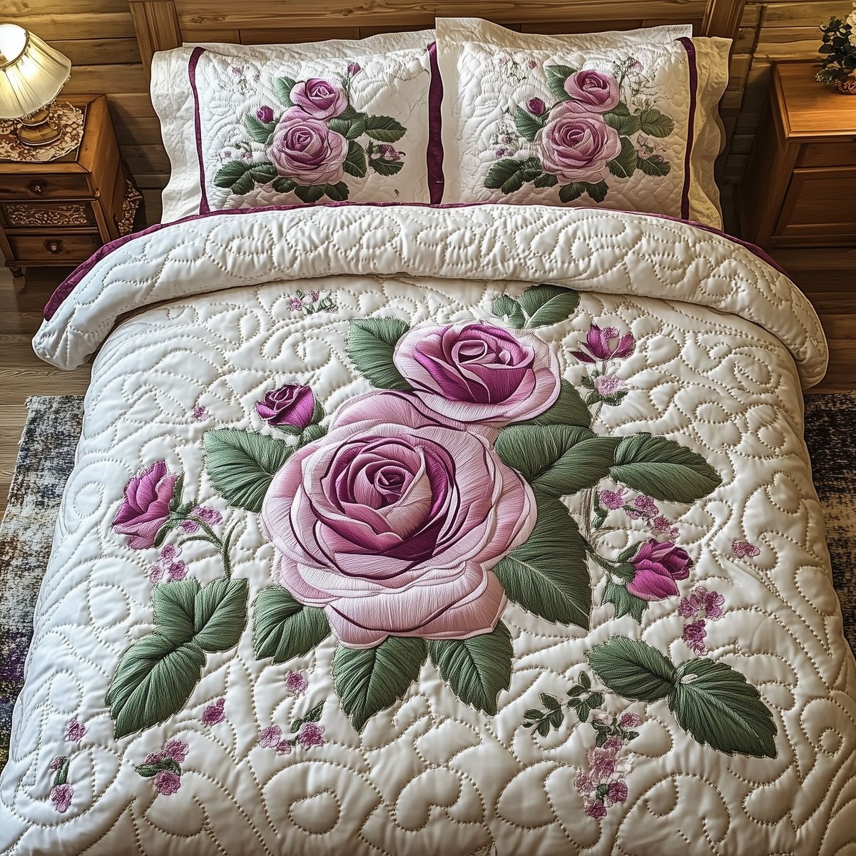 Elegance Rose 3 Piece Quilted Bedding Set Gift For Flower Lovers