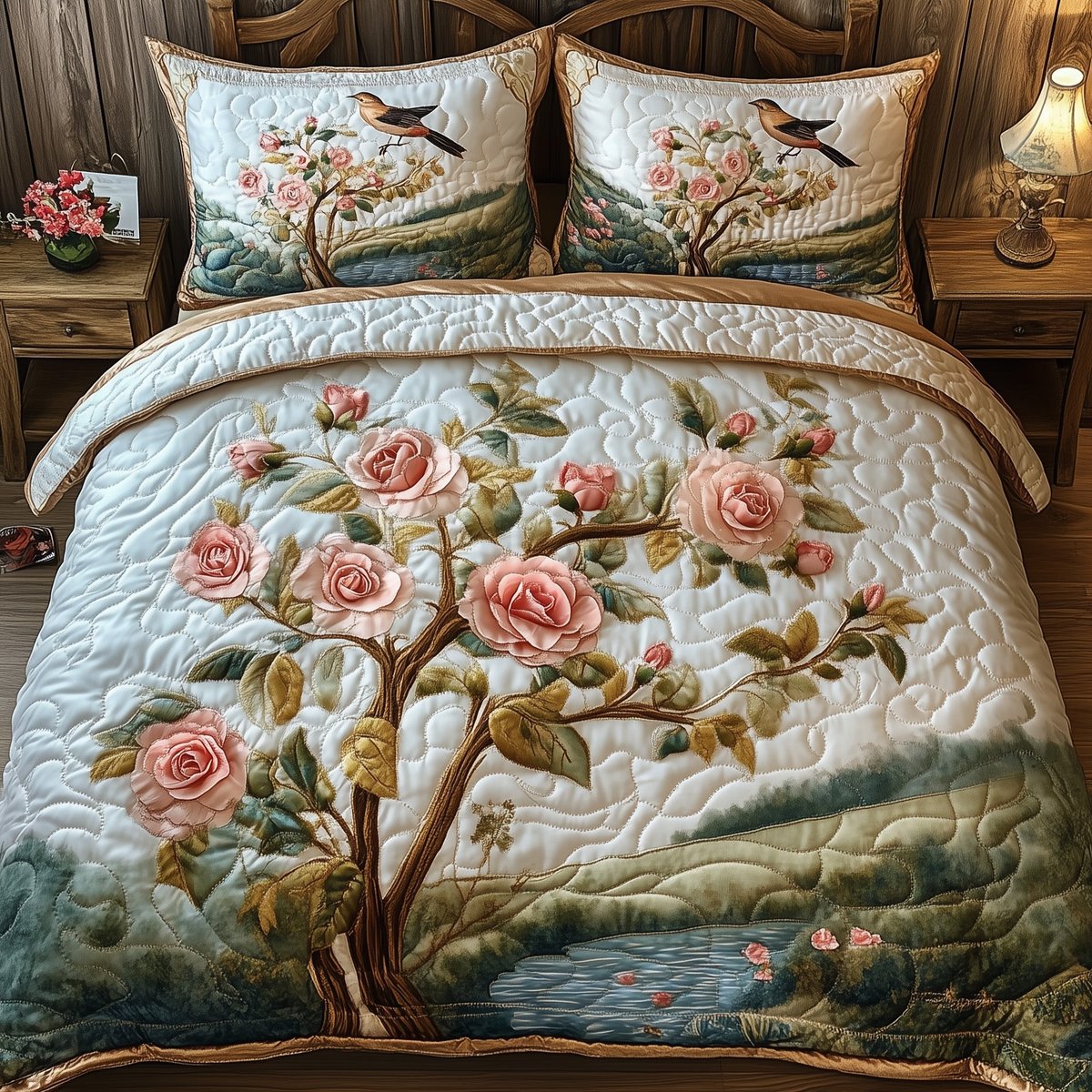 Elegance Rose 3 Piece Quilted Bedding Set Gift For Flower Lovers