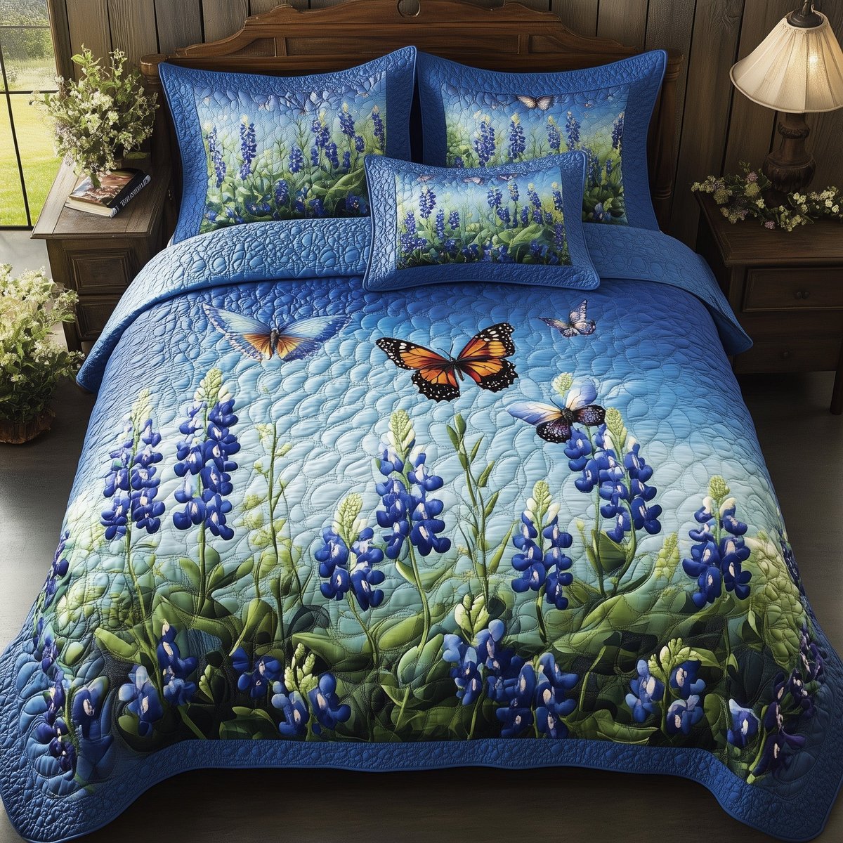Serene Bluebonnet 3 Piece Quilted Bedding Set Gift For Western Lovers