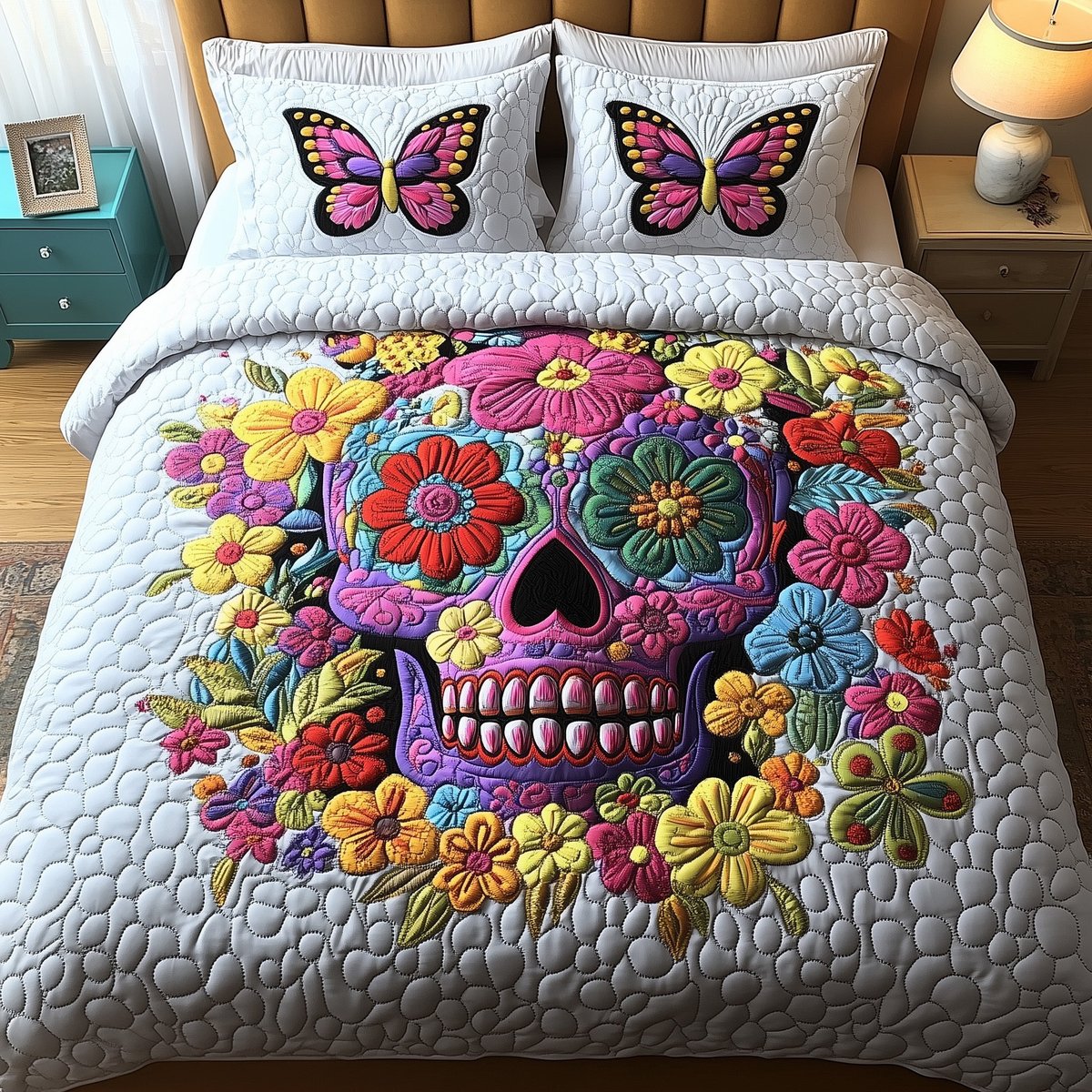 Skull in Bloom 3 Piece Quilted Bedding Set Gift For Gothic Decor Lovers