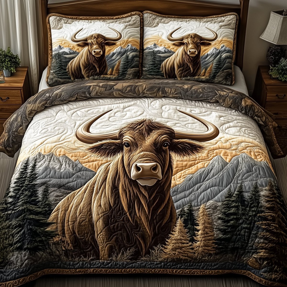 Highland Cow 3 Piece Quilted Bedding Set Gift For Cow Lovers