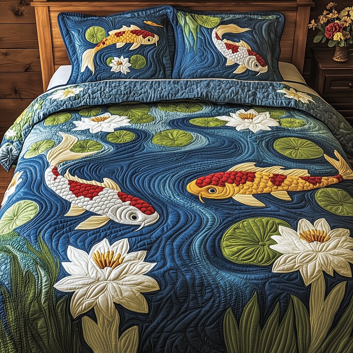 Graceful Koi Symphony 3 Piece Quilted Bedding Set Gift For Fishing Lovers