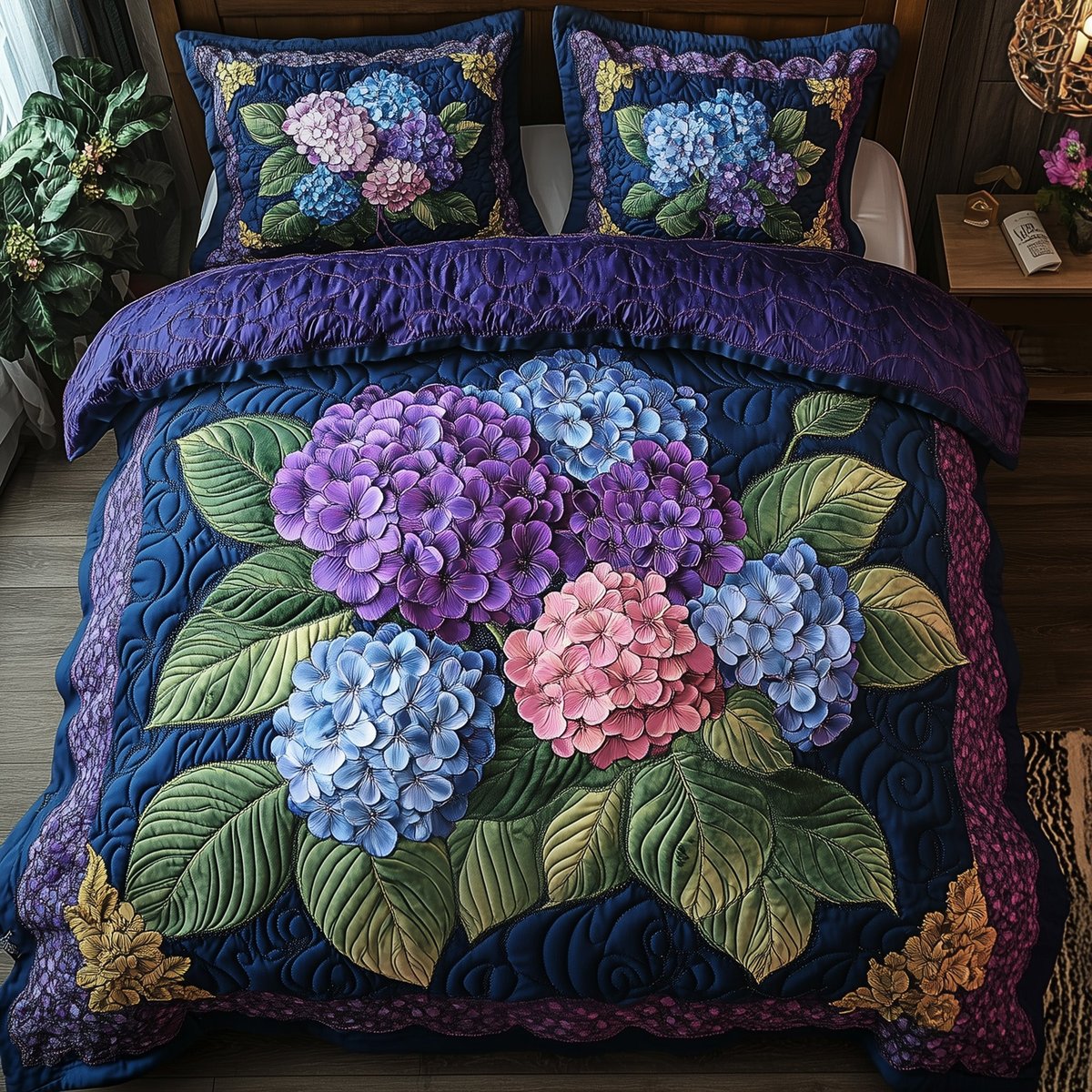 Hydrangea Bloom Elegance 3 Piece Quilted Bedding Set Gift For Flower Lovers