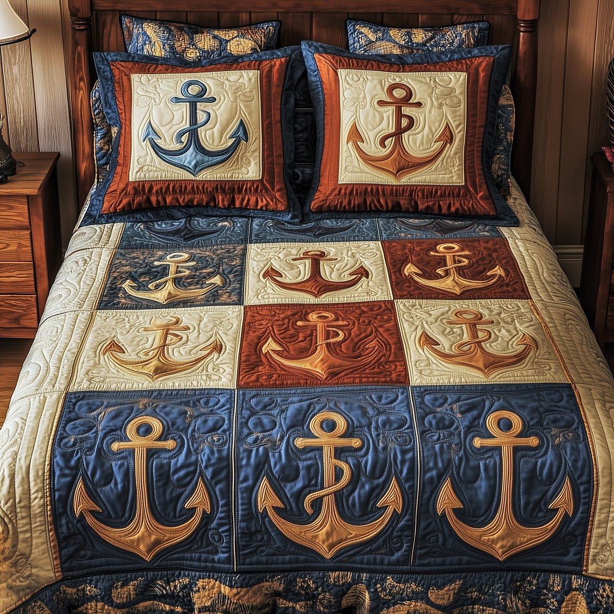 Nautical Anchor 3 Piece Quilted Bedding Set Gift For Beach Lovers