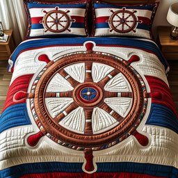 Nautical Ship Wheel 3 Piece Quilted Bedding Set Gift For Beach Lovers