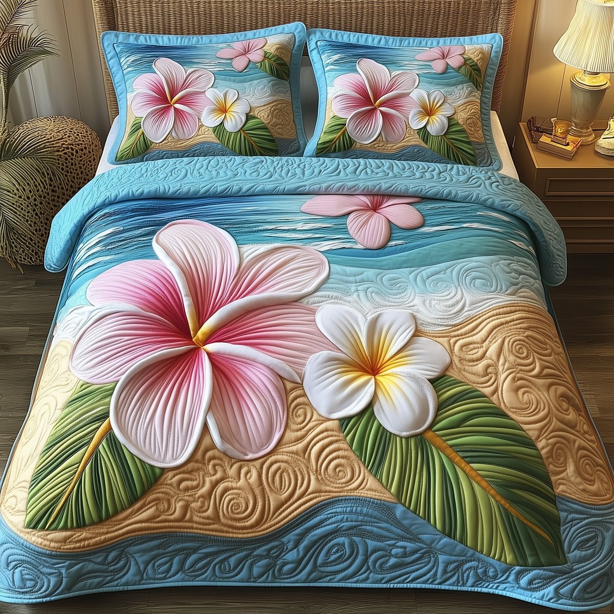 Island Plumera Paradise Beach 3 Piece Quilted Bedding Set Gift For Flower Lovers