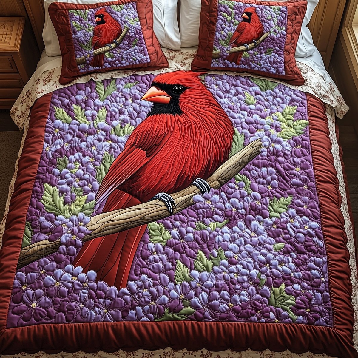 Springtime Cardinal 3 Piece Quilted Bedding Set Gift For Bird Lovers