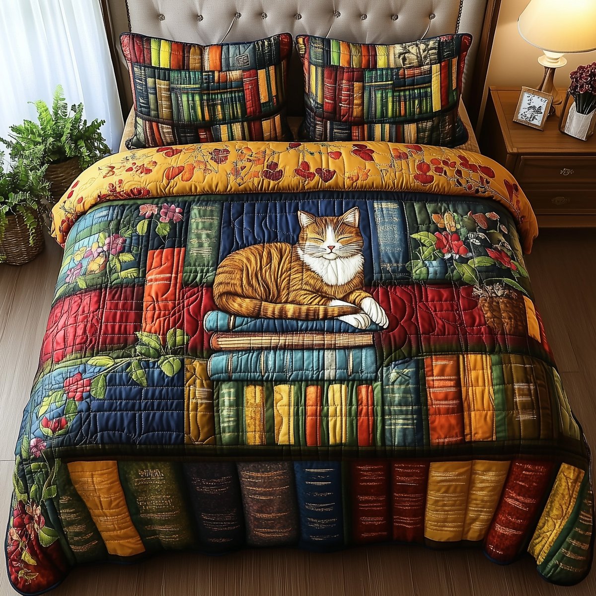 Vintage Cat Bookshelf 3 Piece Quilted Bedding Set Gift For Cat Lovers
