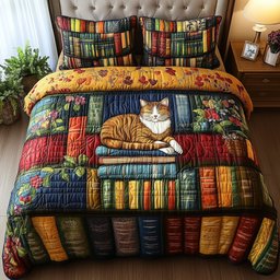Vintage Cat Bookshelf 3 Piece Quilted Bedding Set Gift For Cat Lovers