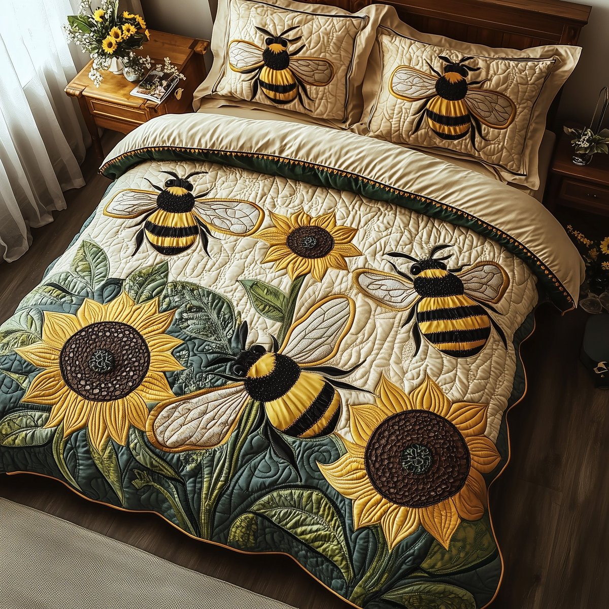 Buzzing Blossoms Sunflower 3 Piece Quilted Bedding Set Gift For Flower Lovers