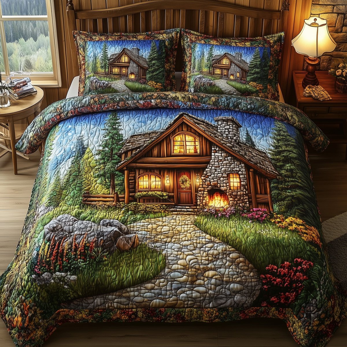 Cozy Harmony Lake 3 Piece Quilted Bedding Set Gift For Nature Lovers