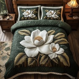 Delicate Magnolia Whisper 3 Piece Quilted Bedding Set Gift For Flower Lovers
