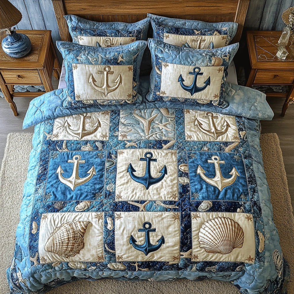 Nautical Anchor 3 Piece Quilted Bedding Set Gift For Beach Lovers