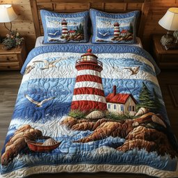 Peaceful Lighthouse 3 Piece Quilted Bedding Set Gift For Beach Lovers