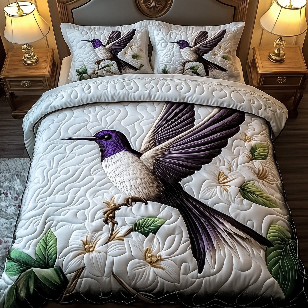 Hummingbird Bloom Symphony 3 Piece Quilted Bedding Set Gift For Bird Lovers