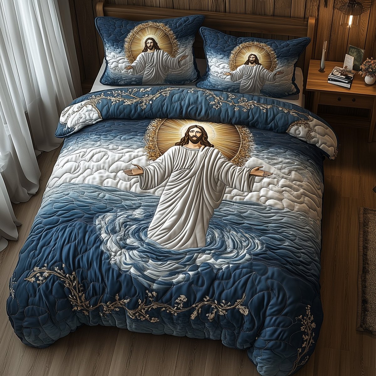 Jesus Walking on Water 3 Piece Quilted Bedding Set Gift For Christians