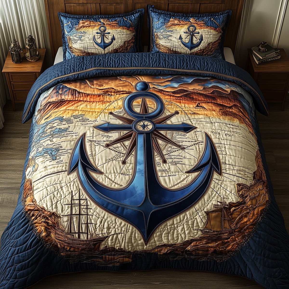 Anchor Life 3 Piece Quilted Bedding Set Gift For Beach Lovers