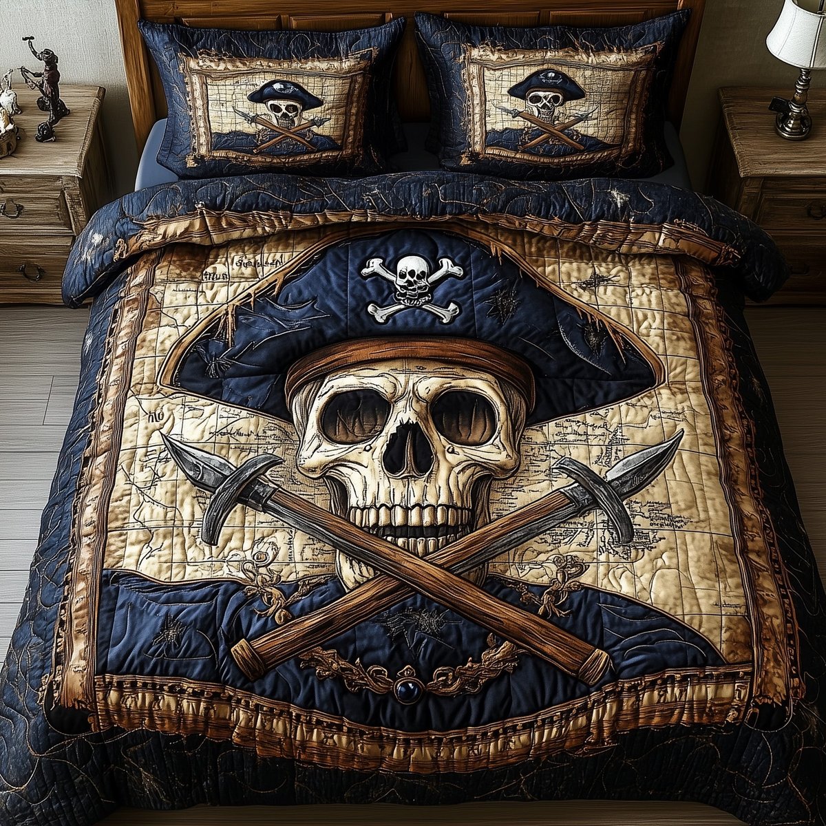 Skull Pirate 3 Piece Quilted Bedding Set Gift For Gothic Decor Lovers