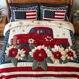 Red Truck USA 3 Piece Quilted Bedding Set Gift For Home Decor Lovers