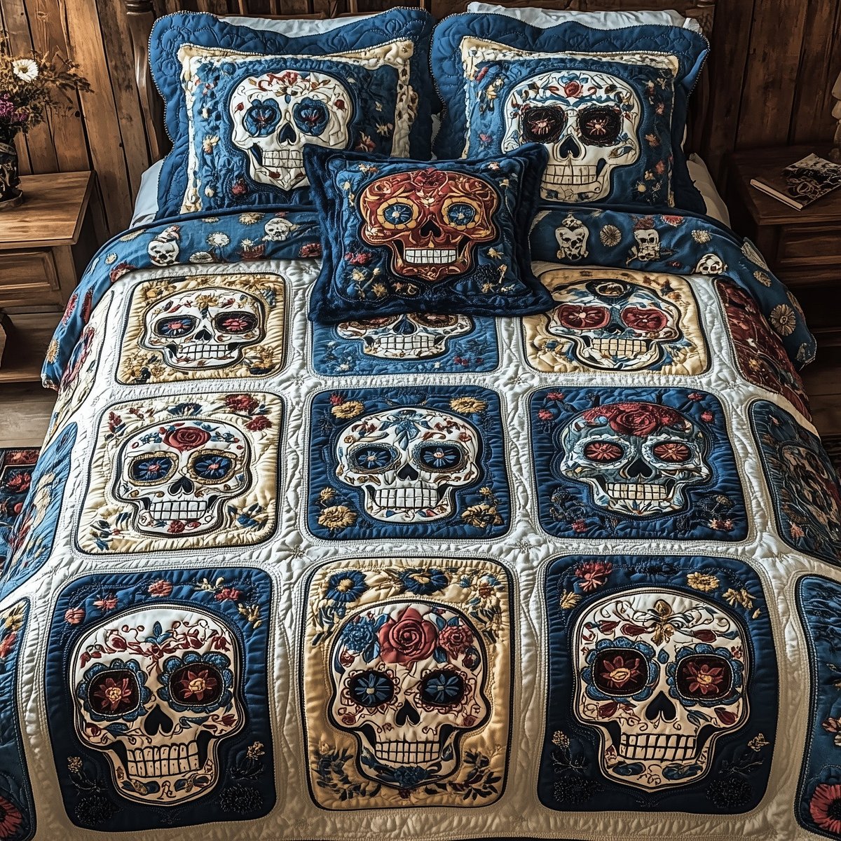 Garden of Skulls 3 Piece Quilted Bedding Set Gift For Flower Lovers