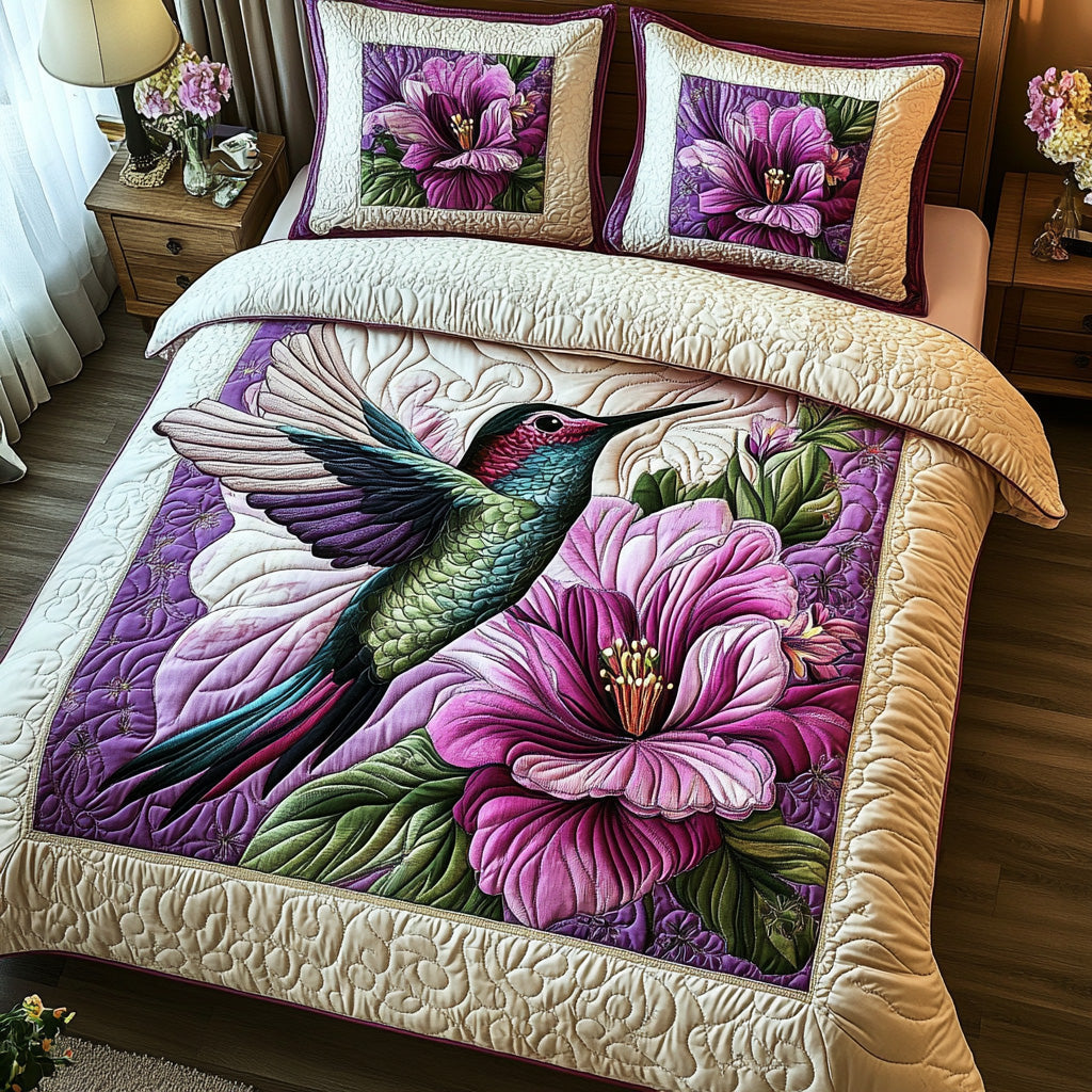 Purple Hummingbird 3 Piece Quilted Bedding Set Gift For Bird Lovers