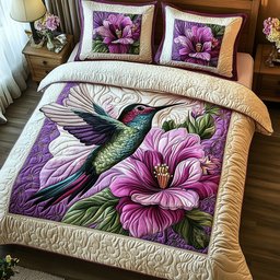 Purple Hummingbird 3 Piece Quilted Bedding Set Gift For Bird Lovers