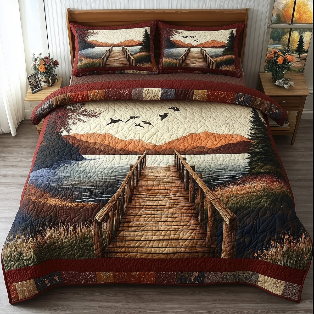 Rustic Wooden Dock 3 Piece Quilted Bedding Set Gift For Home Decor Lovers