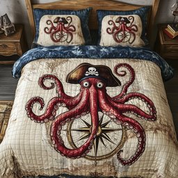 Pirate Octopus Nautical 3 Piece Quilted Bedding Set Gift For Beach Lovers