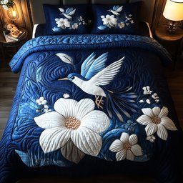 Midnight Bloom Hummingbird 3 Piece Quilted Bedding Set Gift For Bird Lovers