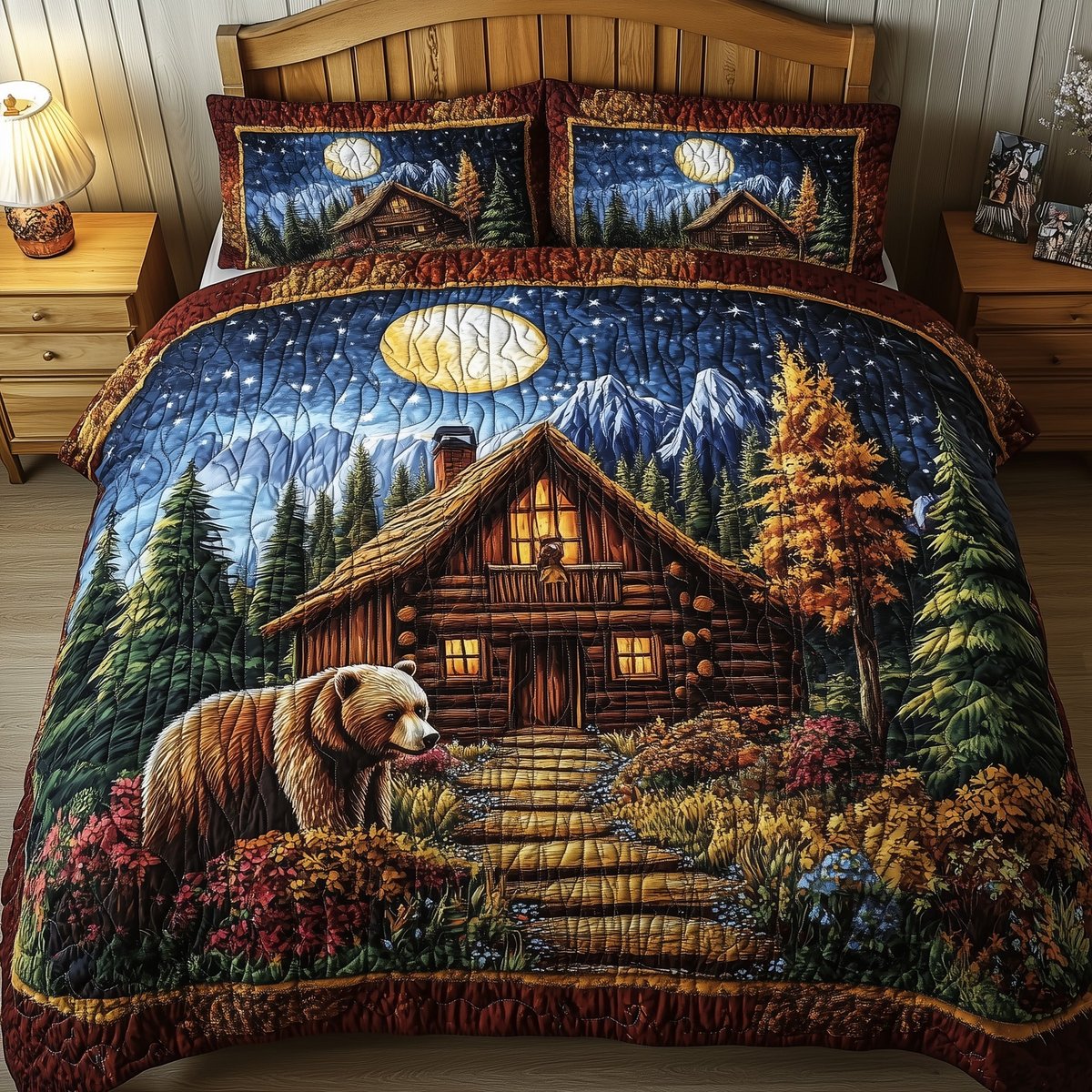 Cabin and Bear 3 Piece Quilted Bedding Set Gift For Bear Lovers