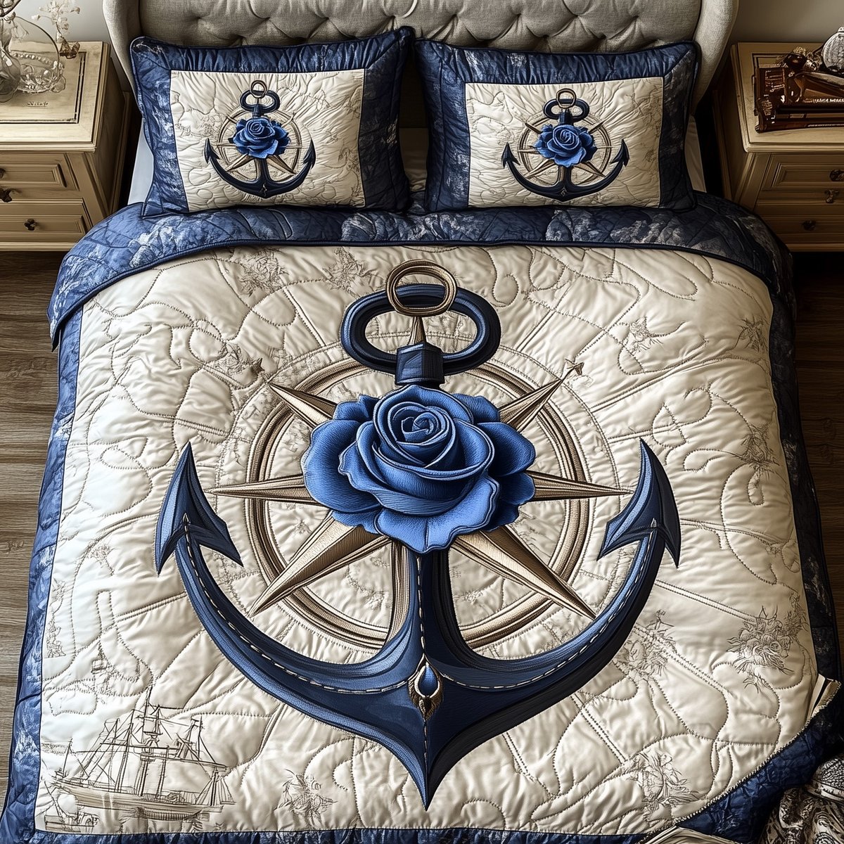 Blue Anchor Nautical 3 Piece Quilted Bedding Set Gift For Beach Lovers