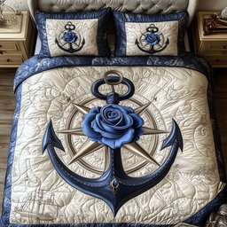 Blue Anchor Nautical 3 Piece Quilted Bedding Set Gift For Beach Lovers