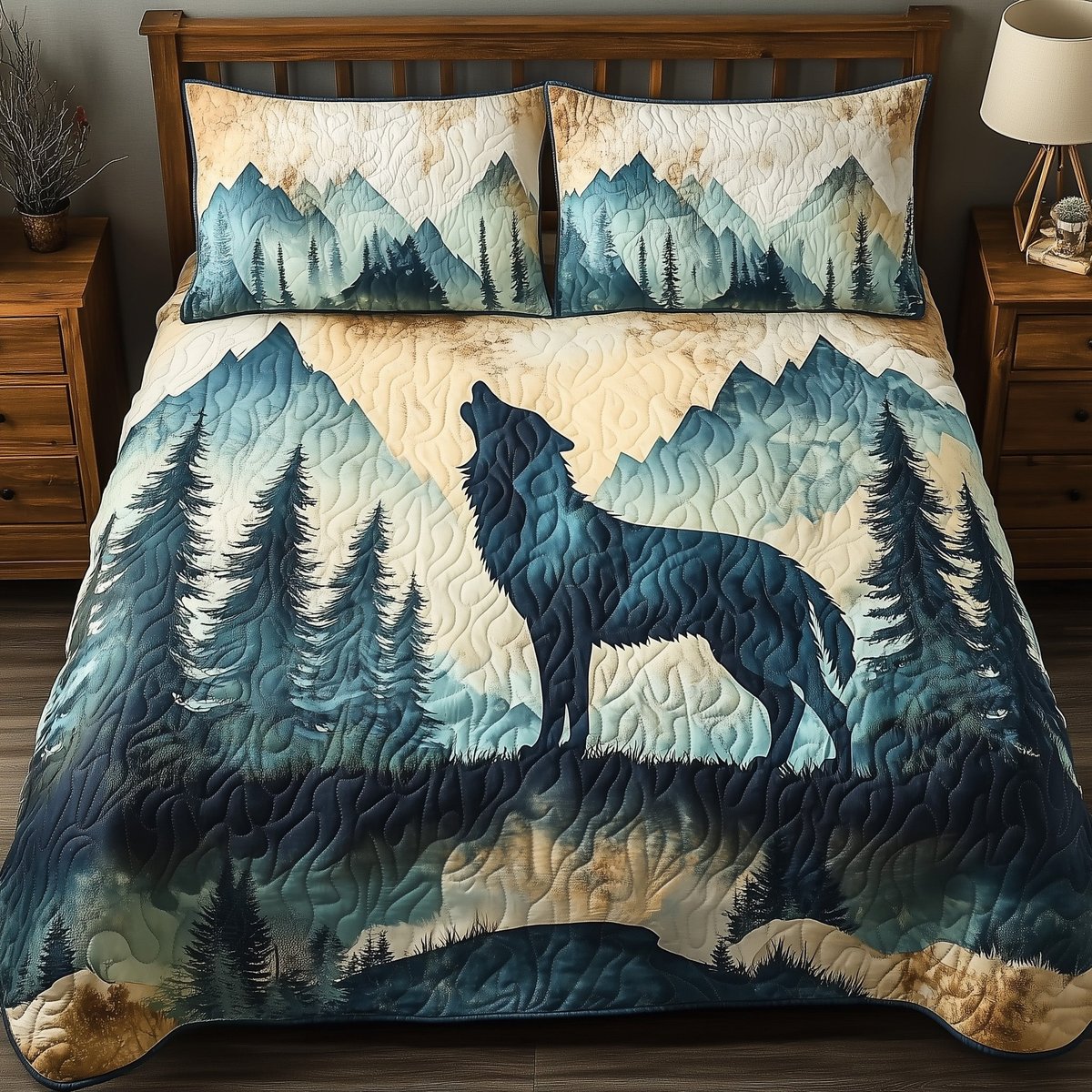 Mountain Wolf 3 Piece Quilted Bedding Set Gift For Wolf Lovers