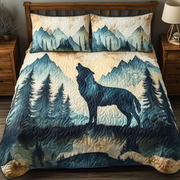 Mountain Wolf 3 Piece Quilted Bedding Set Gift For Wolf Lovers