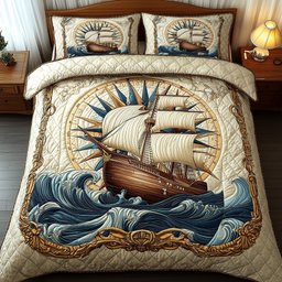 Ocean Explorer Nautical 3 Piece Quilted Bedding Set Gift For Beach Lovers