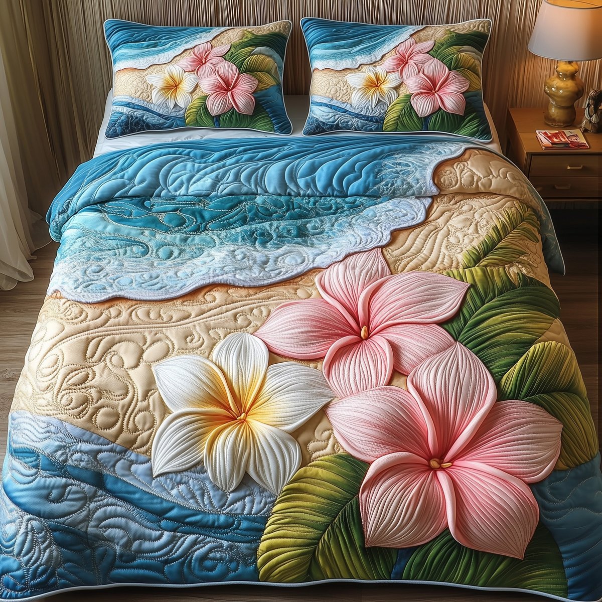 Island Plumera Paradise Beach 3 Piece Quilted Bedding Set Gift For Flower Lovers