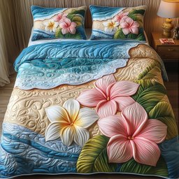 Island Plumera Paradise Beach 3 Piece Quilted Bedding Set Gift For Flower Lovers