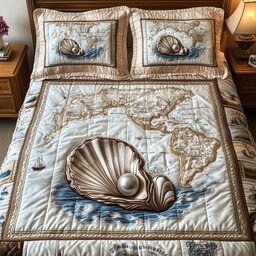 Shell Nautical 3 Piece Quilted Bedding Set Gift For Beach Lovers