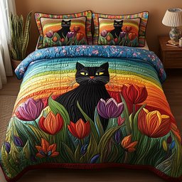 Tulips and Whiskers Cat 3 Piece Quilted Bedding Set Gift For Cat Lovers