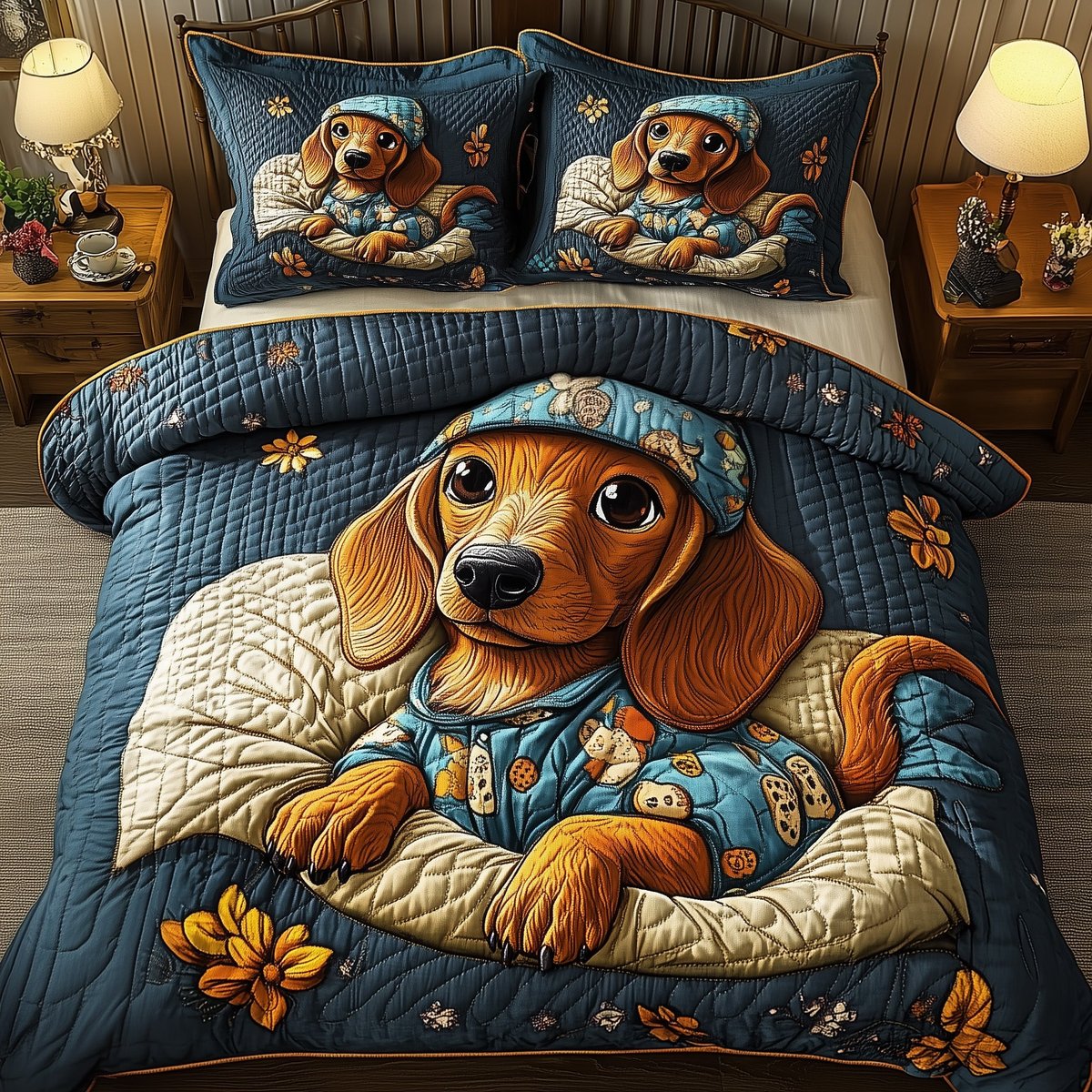 Dachshund Dog 3 Piece Quilted Bedding Set Gift For Dog Lovers