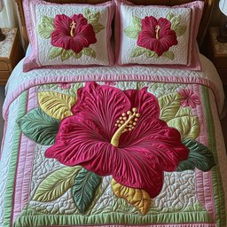 Hibiscus Charm 3 Piece Quilted Bedding Set Gift For Flower Lovers