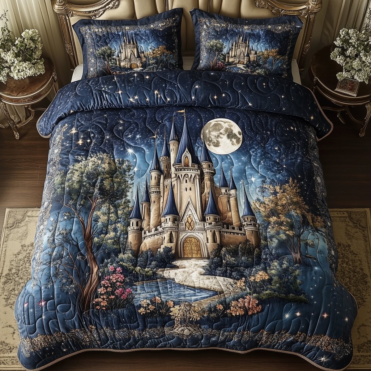 Fairytale Castle 3 Piece Quilted Bedding Set Gift For Home Decor Lovers