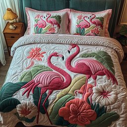 Flamingo 3 Piece Quilted Bedding Set Gift For Home Decor Lovers