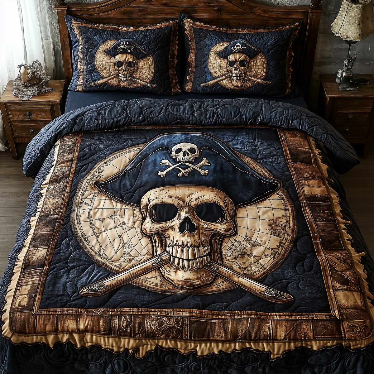 Skull Pirate 3 Piece Quilted Bedding Set Gift For Gothic Decor Lovers