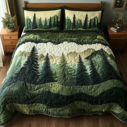 Misty Forest Mountain 3 Piece Quilted Bedding Set Gift For Nature Lovers