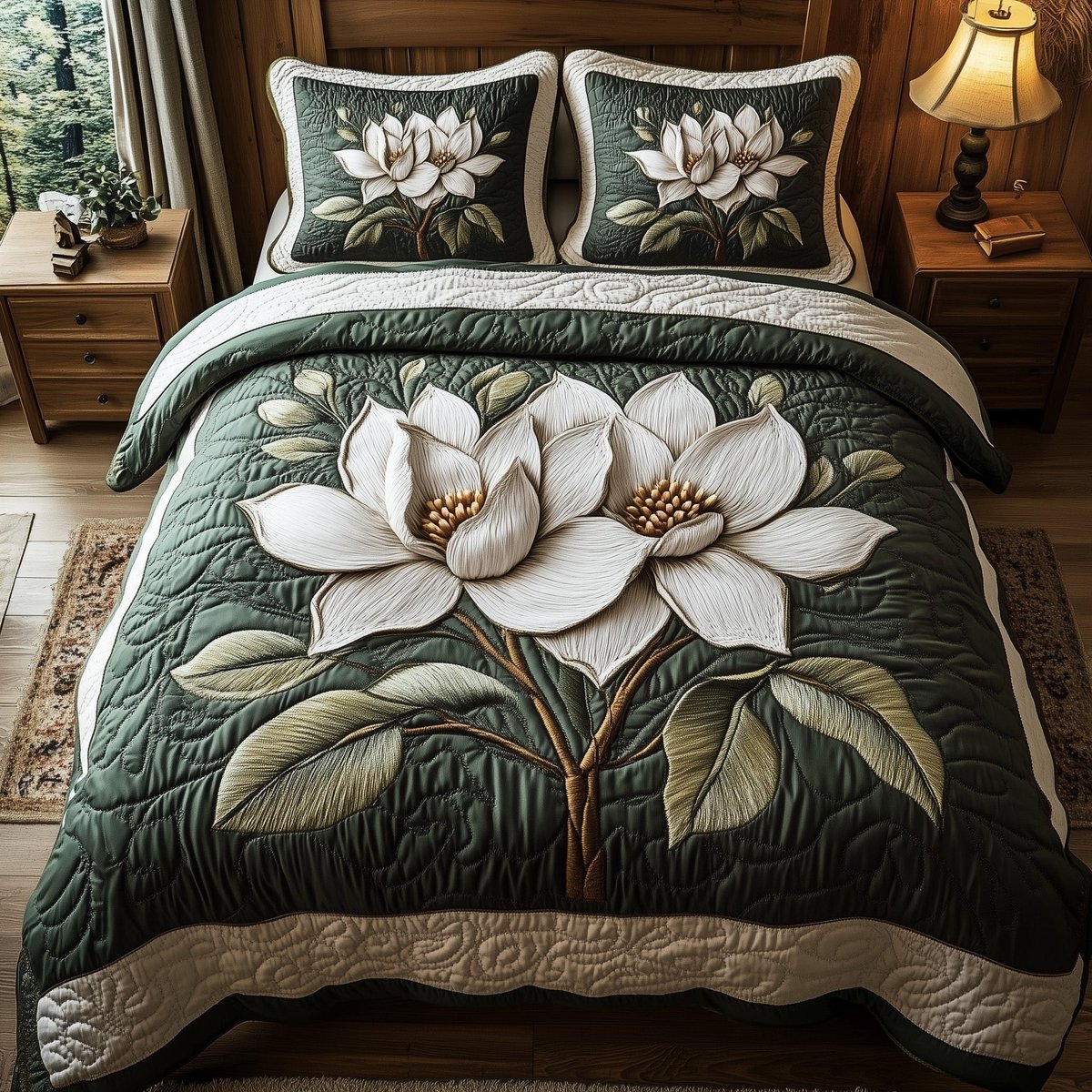 White Magnolia Grace 3 Piece Quilted Bedding Set Gift For Flower Lovers