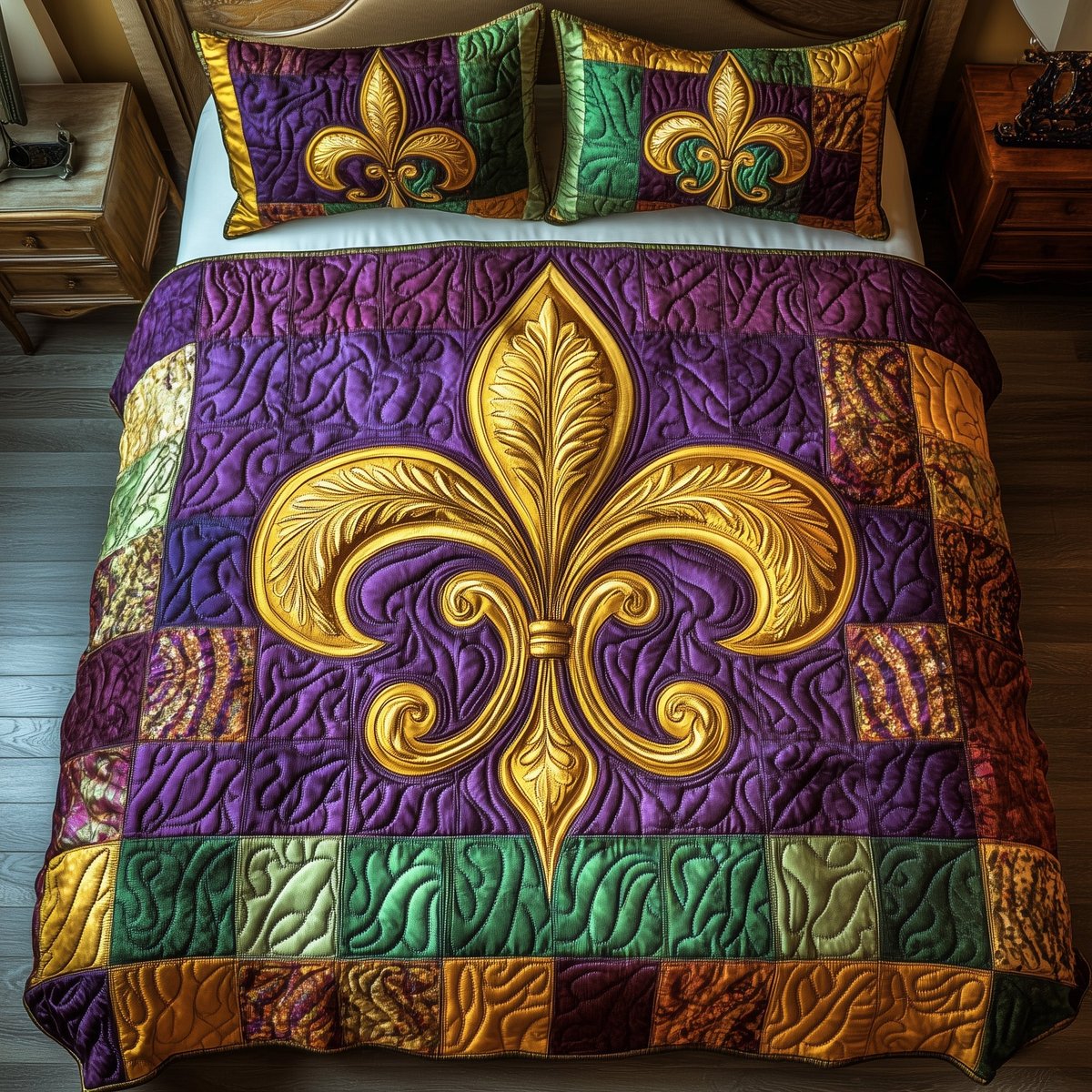 Mardi Gras Fleur De Lis 3 Piece Quilted Bedding Set Gift For Home Decor Lovers