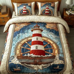 Nautical Lighthouse 3 Piece Quilted Bedding Set Gift For Beach Lovers