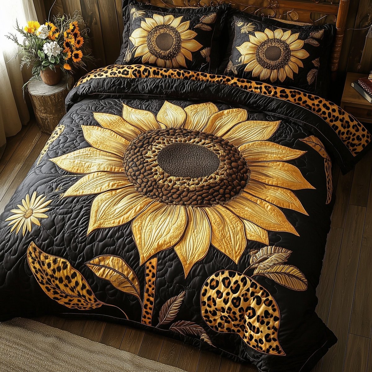 Sunflower Leopard 3 Piece Quilted Bedding Set Gift For Flower Lovers
